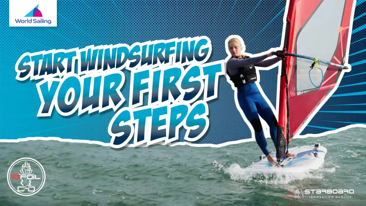 Starboard windsurfing board with blue and white design in iQFoiL class