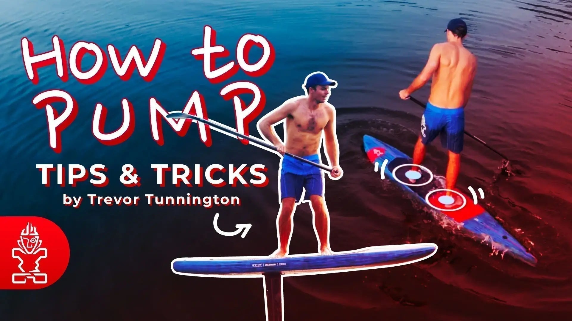Blue and white stand-up paddleboard with red fins and black leash for foil pumping