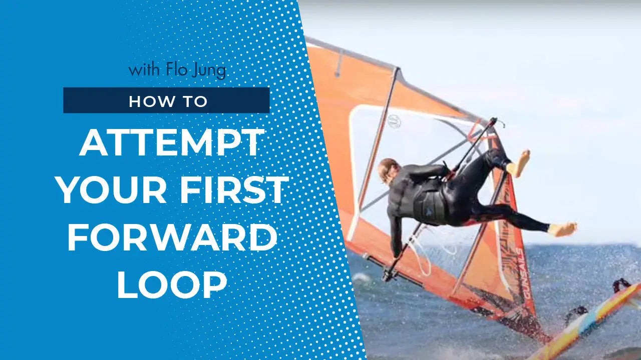 Windsurfing board with orange sail and black mast for first forward loop