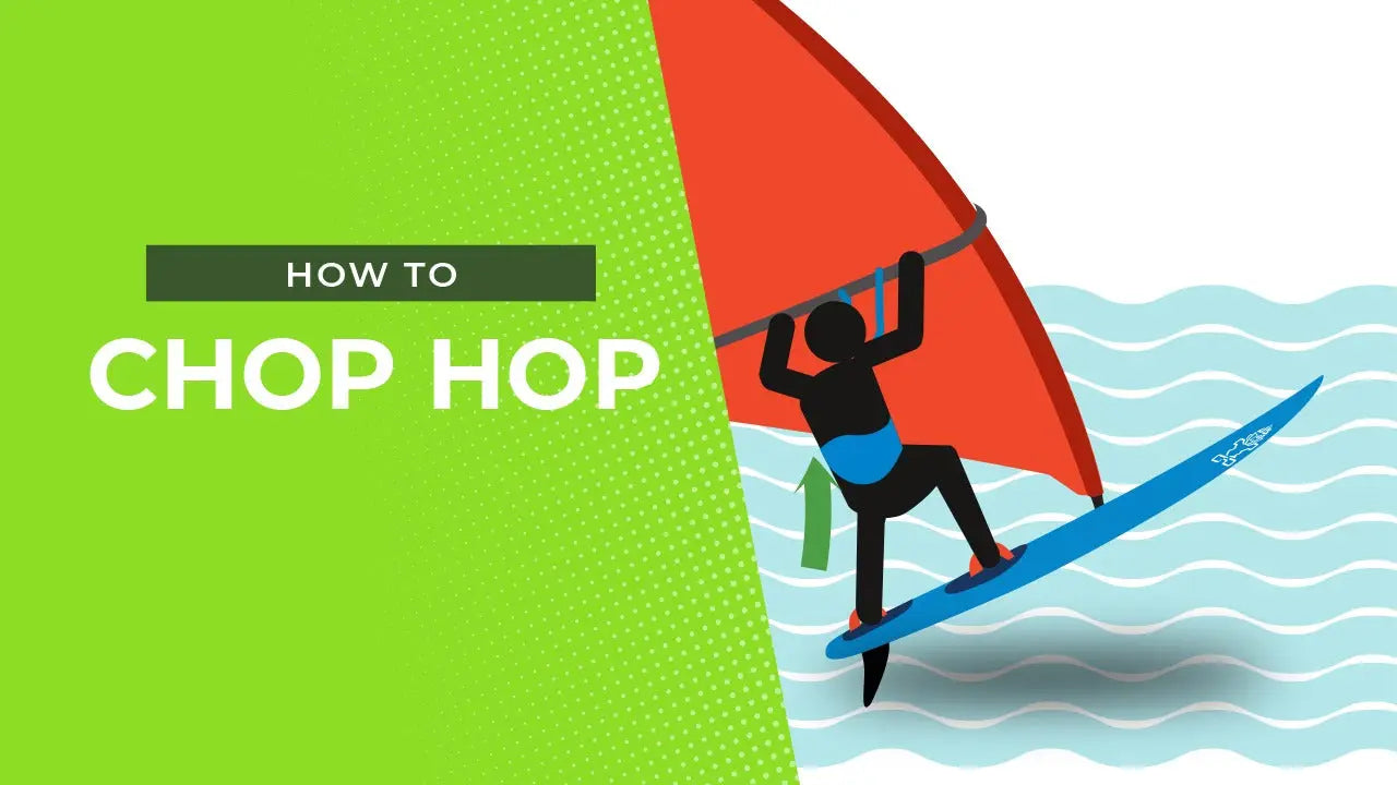 Windsurfing board with red sail and blue trapeze harness for chop hop