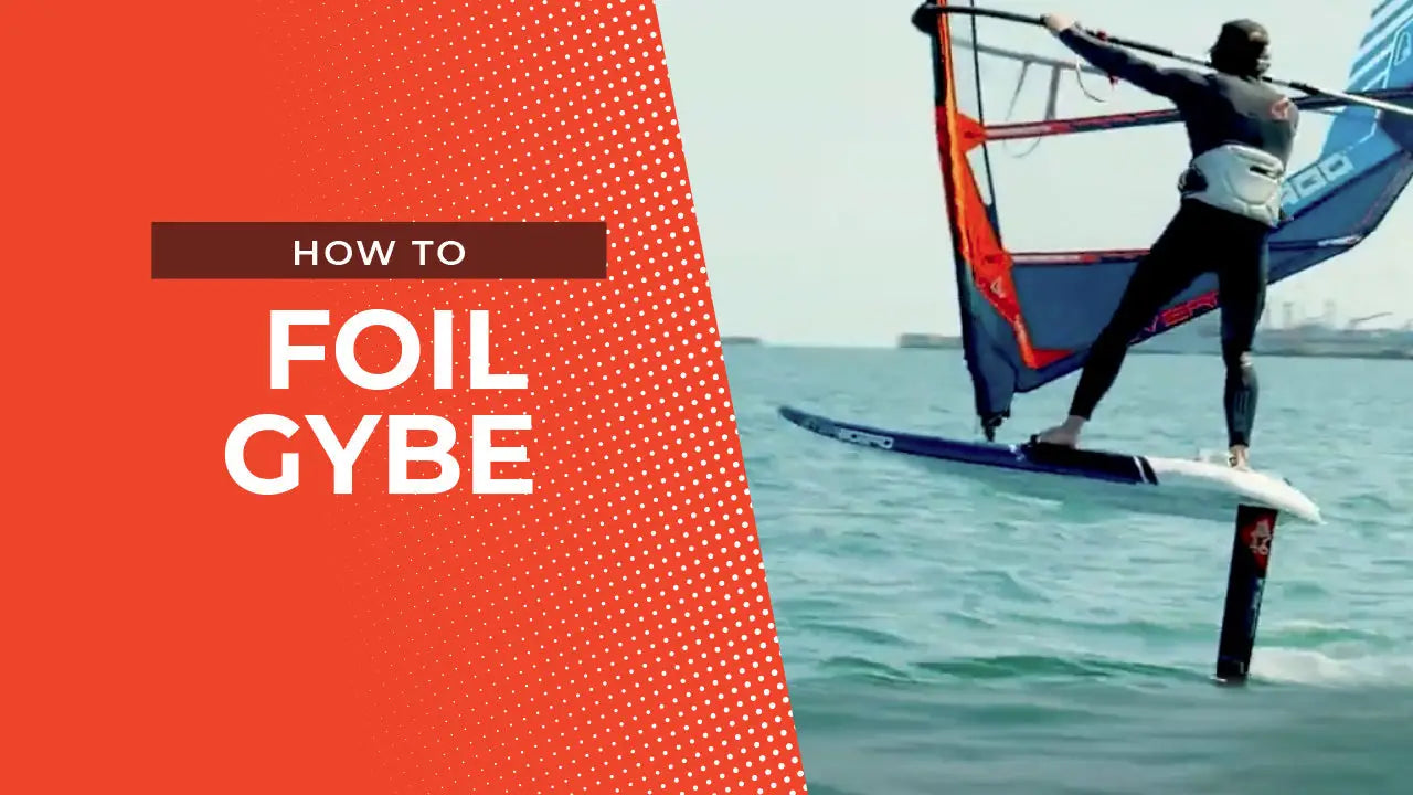 Blue and white windsurfing board with red sail for foil gybe tips