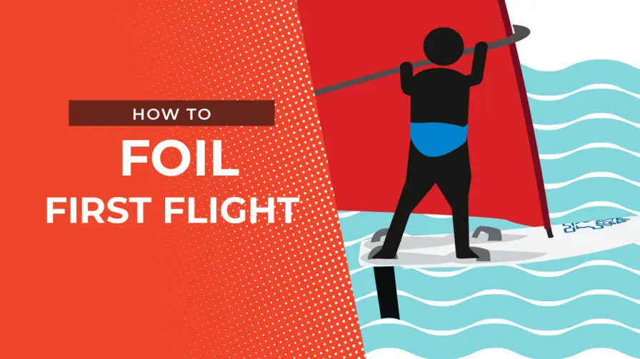 Blue and white foil kiteboarding board on red background for first flight mastery
