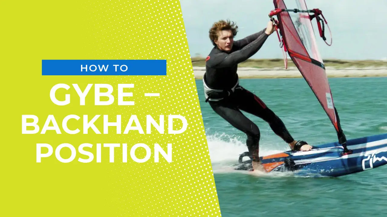Red and black windsurfing board with white logo for backhand gybe tips