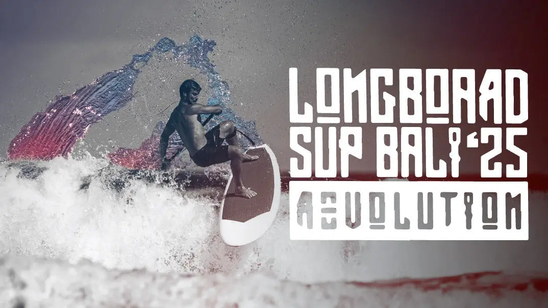 Starboard red and white longboard SUP with black fins for Bali Revolution 2025