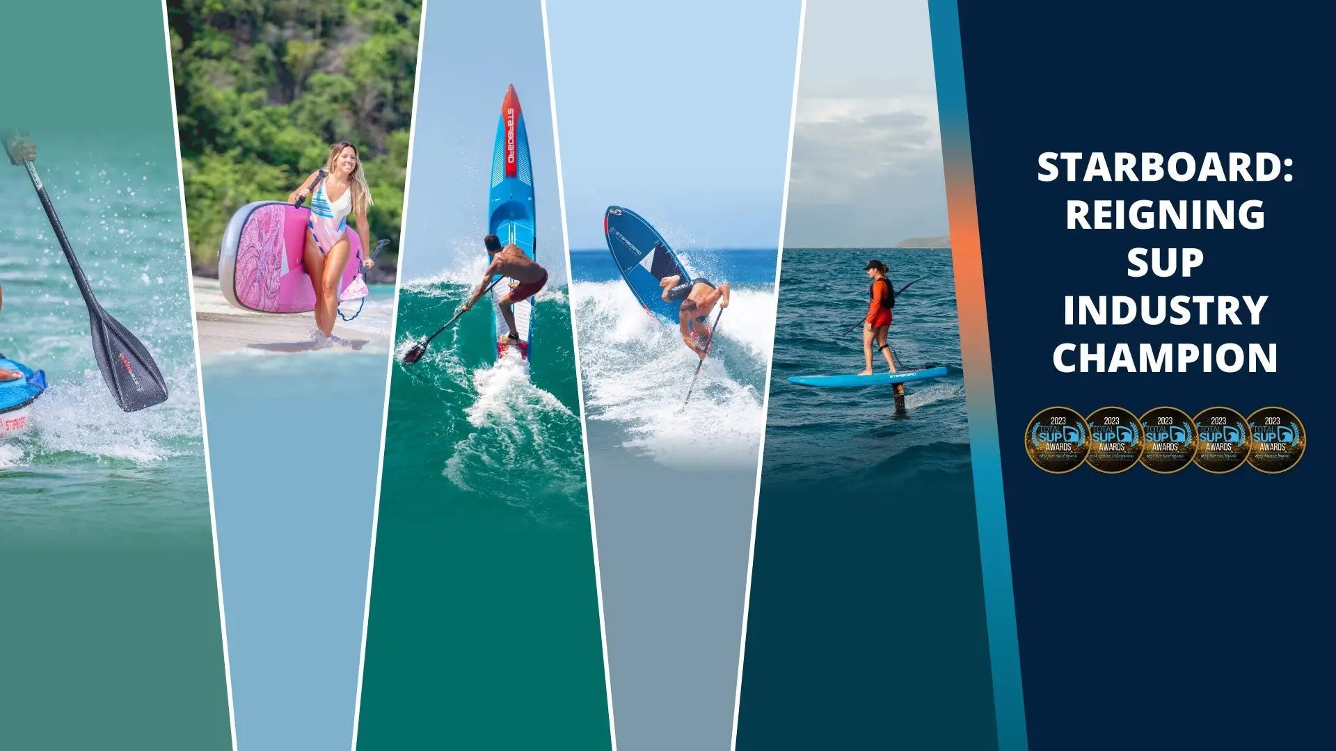 Starboard blue and white pro surfboard with black fins, 2023 award winner