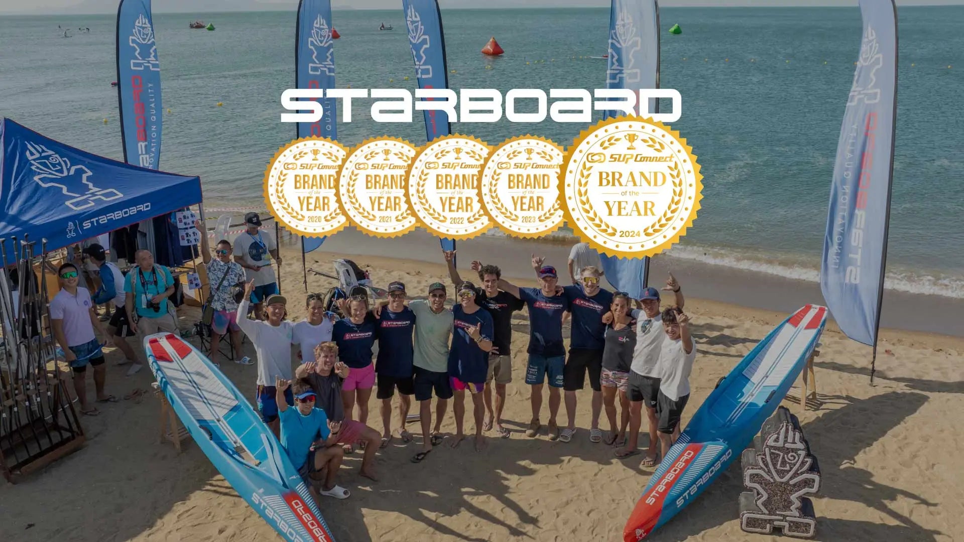 Starboard fiberglass SUP with blue white design, 2024 Brand of the Year