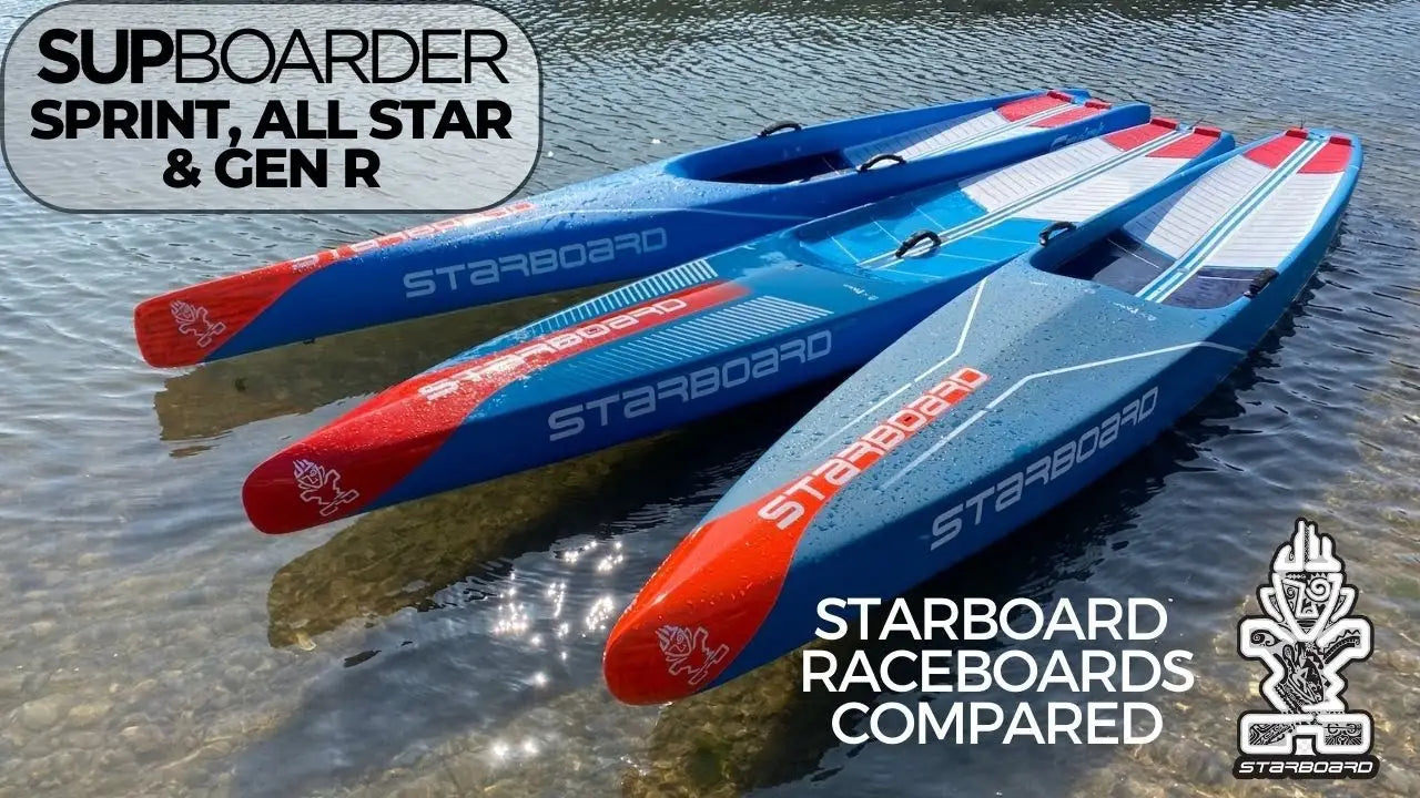 Starboard sprint raceboard in blue red design with white accents from SUPBoarder compare video