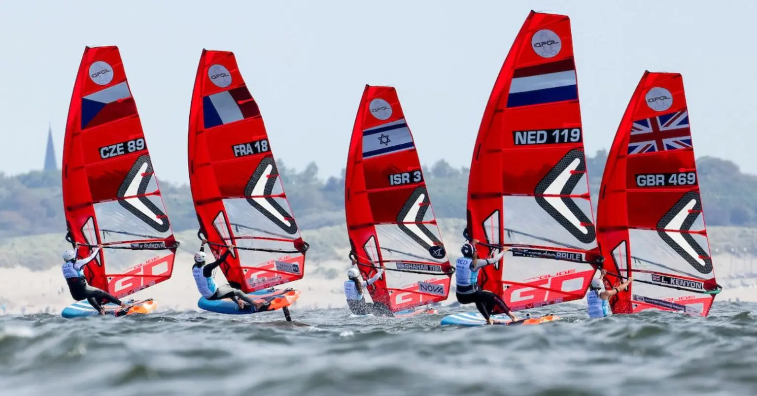 Red windsurfing board with Union Jack design at 2023 iQFOiL World Championships