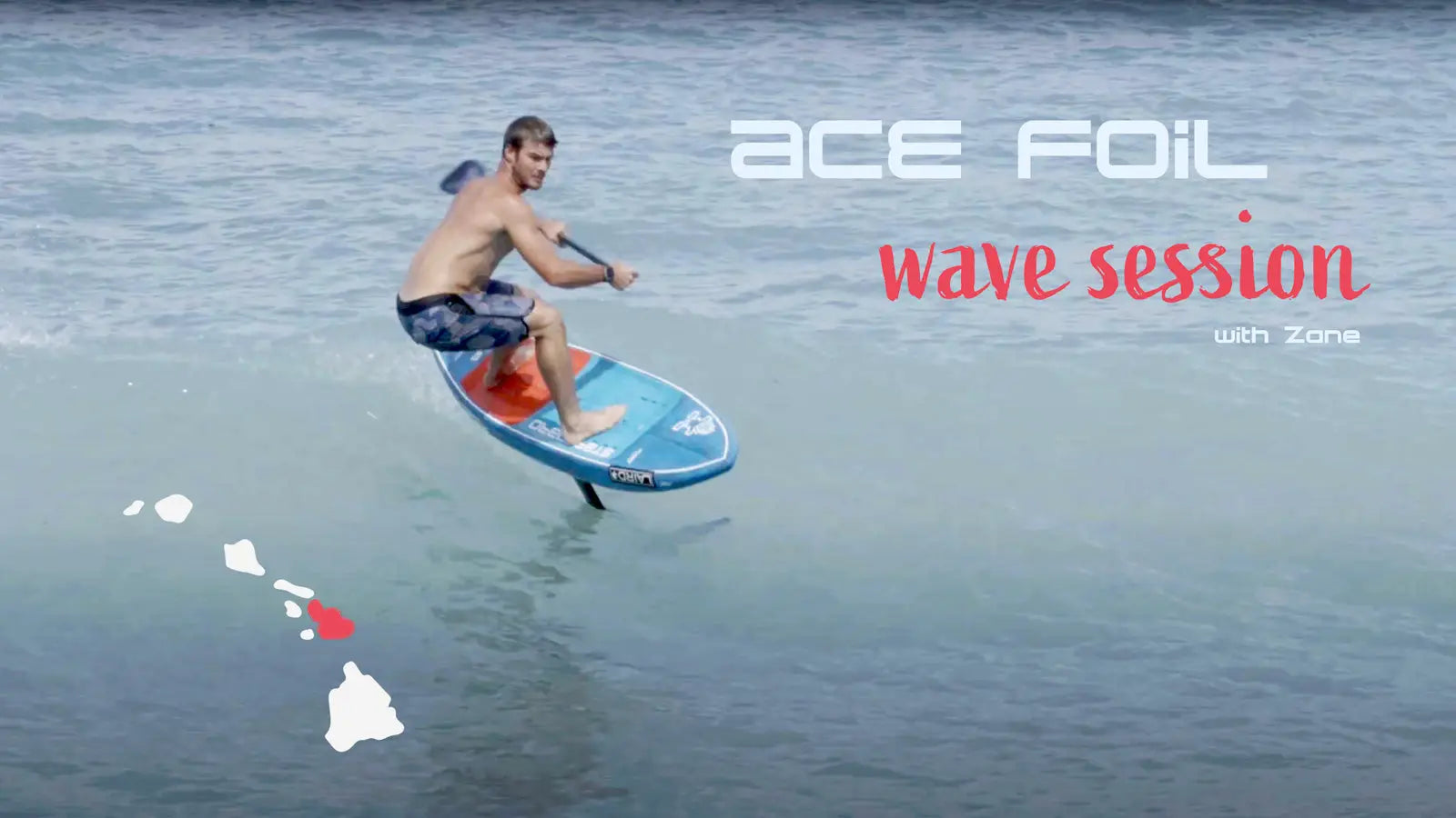 Zane rides blue and white Ace hydrofoil board with red fins in wave session